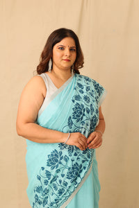Thumbnail for Bright Color Big lotus Border Design Hand-Stencil Printed Pure Slub Cotton Saree
