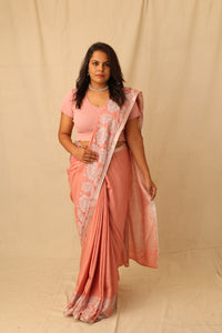 Thumbnail for Colorful Peacock And Lotus Motif Hand-Stencil Printed Pure Slub Cotton Saree