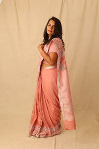 Thumbnail for Colorful Peacock And Lotus Motif Hand-Stencil Printed Pure Slub Cotton Saree