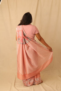 Thumbnail for Colorful Peacock And Lotus Motif Hand-Stencil Printed Pure Slub Cotton Saree