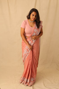 Thumbnail for Colorful Peacock And Lotus Motif Hand-Stencil Printed Pure Slub Cotton Saree
