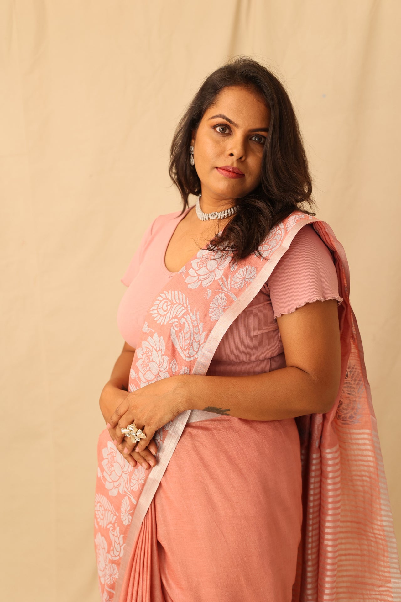 Colorful Peacock And Lotus Motif Hand-Stencil Printed Pure Slub Cotton Saree
