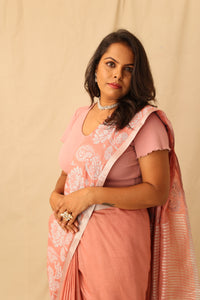 Thumbnail for Colorful Peacock And Lotus Motif Hand-Stencil Printed Pure Slub Cotton Saree