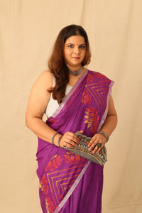 Thumbnail for Elegant Purple Colorful Hand-Stencil Printed Pure Slub Cotton Saree