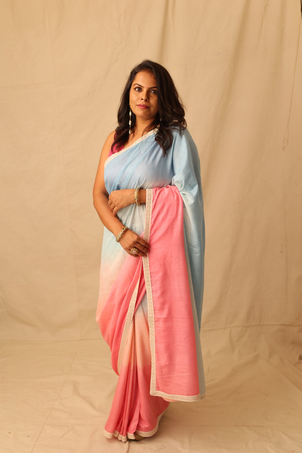 Soothing multi-color ombre pure cotton saree with lace border detail