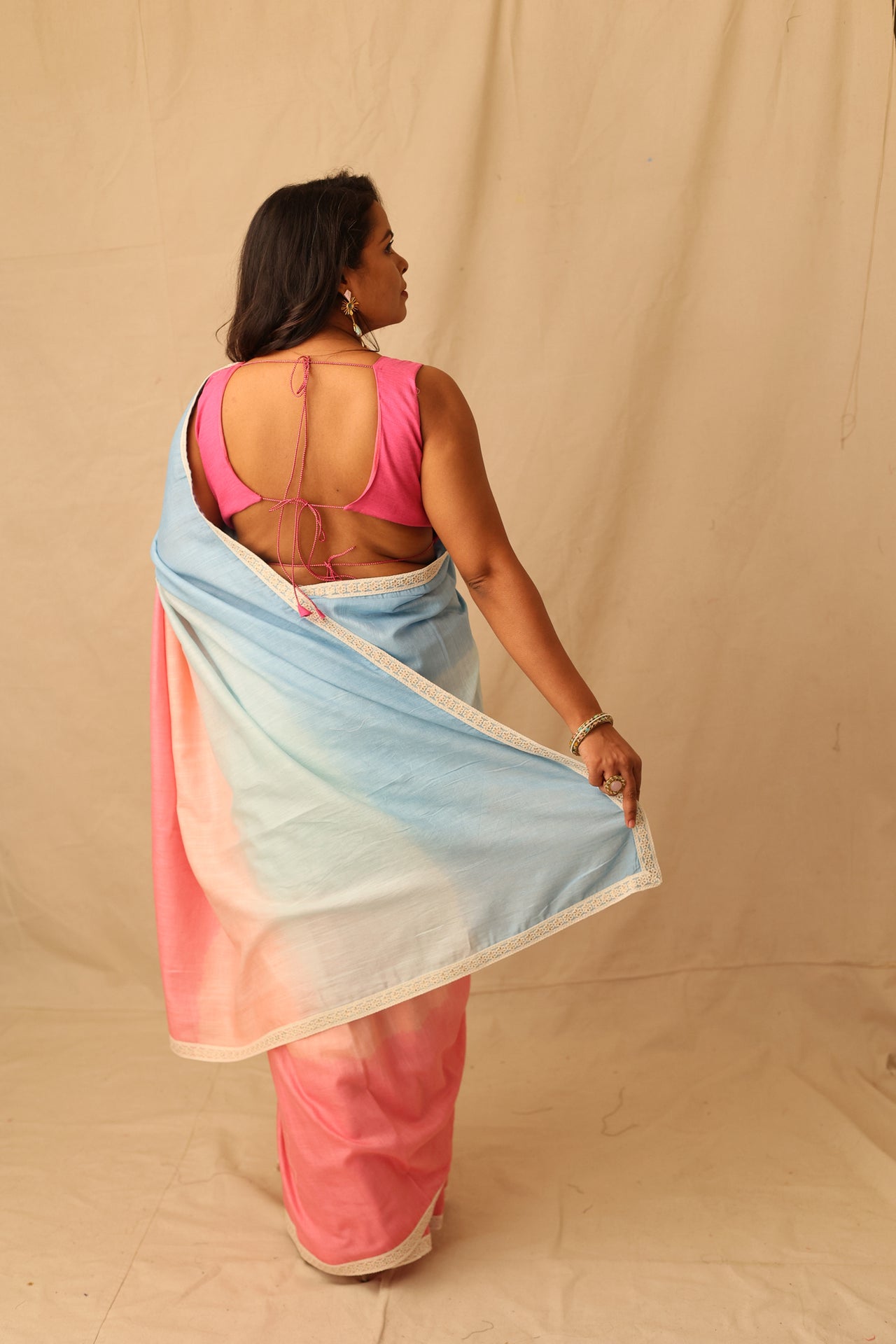 Soothing multi-color ombre pure cotton saree with lace border detail