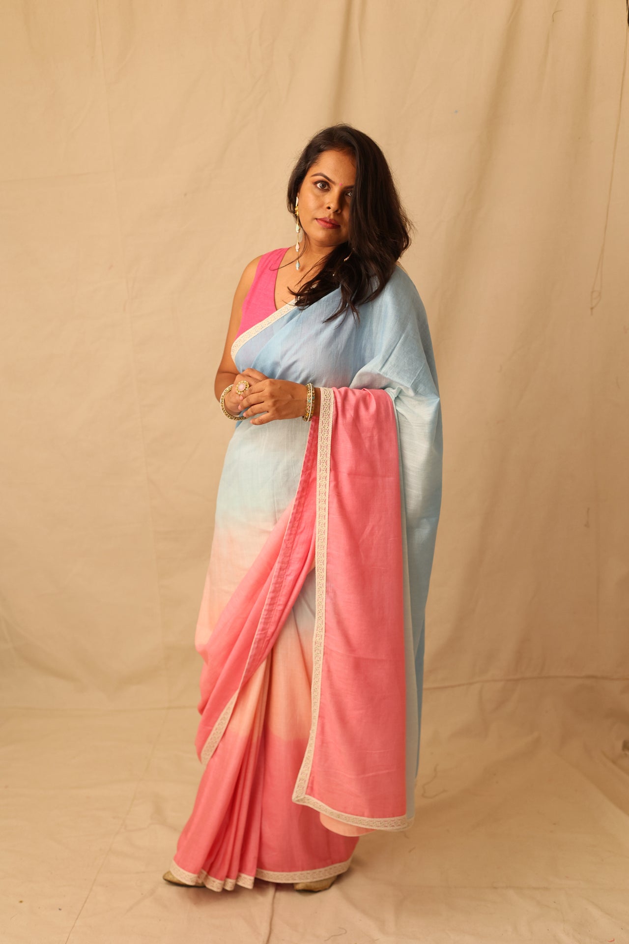 Soothing multi-color ombre pure cotton saree with lace border detail