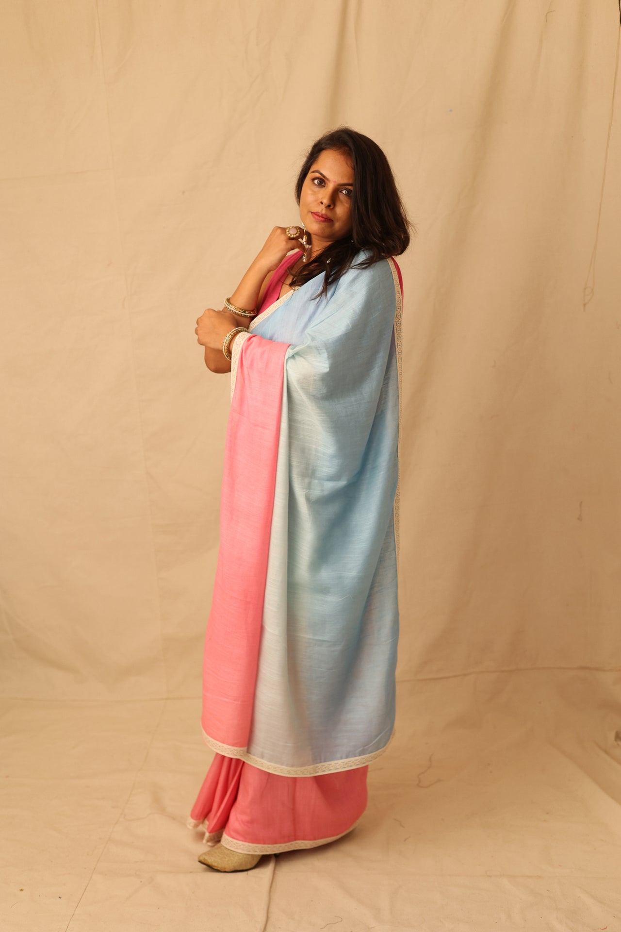 Soothing multi-color ombre pure cotton saree with lace border detail