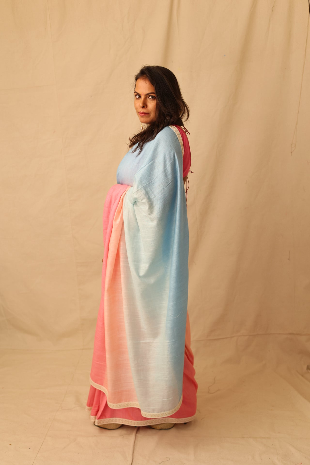 Soothing multi-color ombre pure cotton saree with lace border detail