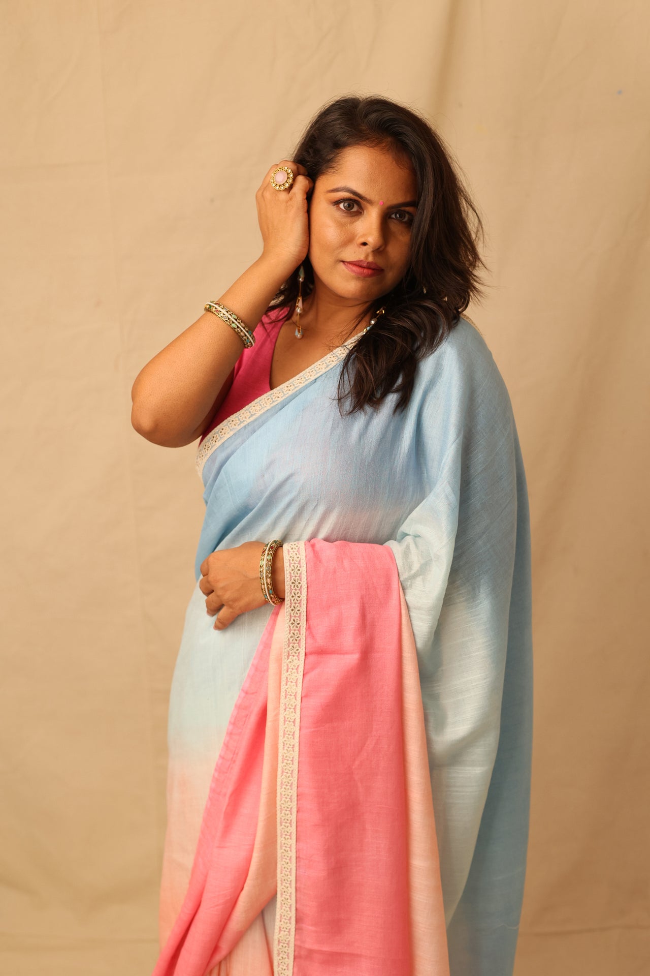 Soothing multi-color ombre pure cotton saree with lace border detail