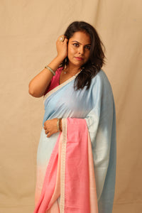 Thumbnail for Soothing multi-color ombre pure cotton saree with lace border detail
