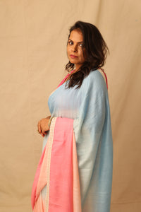 Thumbnail for Soothing multi-color ombre pure cotton saree with lace border detail