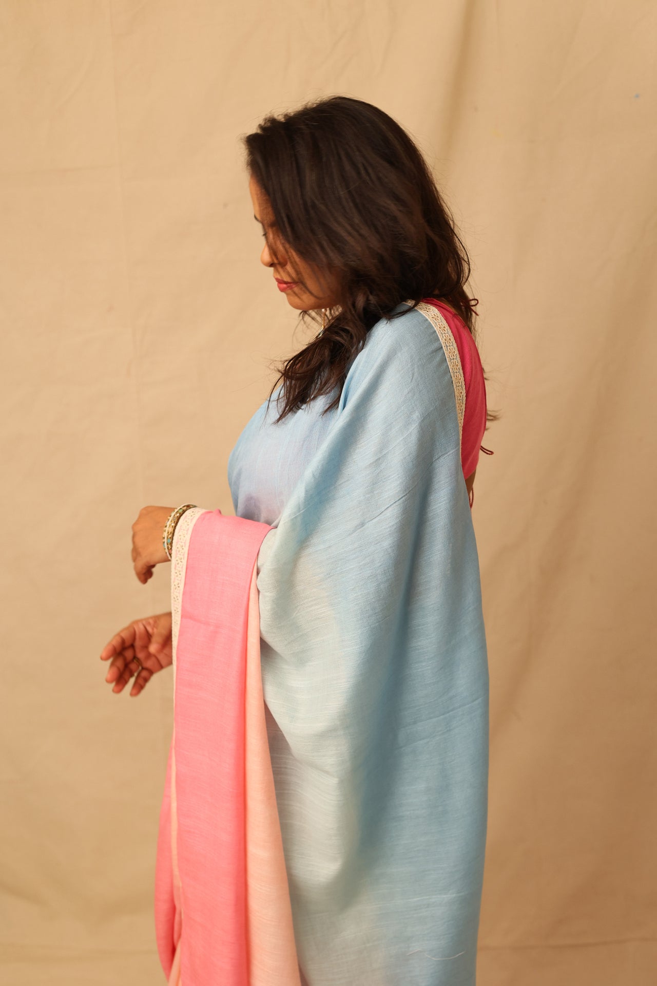 Soothing multi-color ombre pure cotton saree with lace border detail