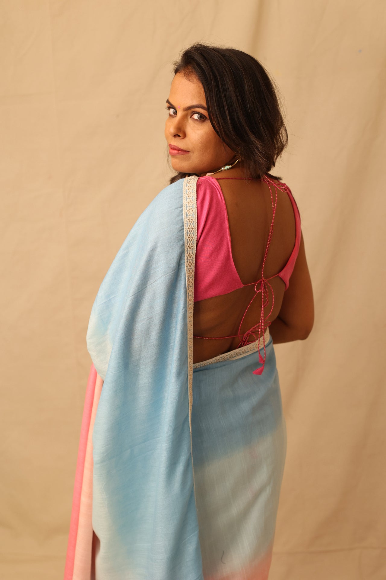 Soothing multi-color ombre pure cotton saree with lace border detail