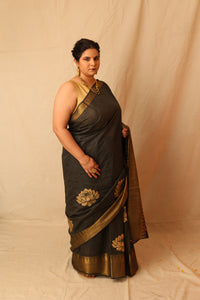 Thumbnail for Classic Black and Gold Semi-Silk Hand-Stencil Printed Saree