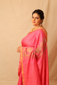 Thumbnail for Mesmerizing Pink Semi-Silk Saree with Gold Lotus & Peacock Border Print