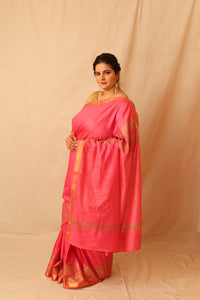 Thumbnail for Mesmerizing Pink Semi-Silk Saree with Gold Lotus & Peacock Border Print