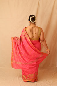 Thumbnail for Mesmerizing Pink Semi-Silk Saree with Gold Lotus & Peacock Border Print
