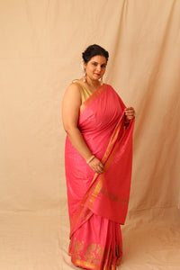 Thumbnail for Mesmerizing Pink Semi-Silk Saree with Gold Lotus & Peacock Border Print