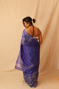 Thumbnail for Gorgeous Silver Lotus Hand-Stencil Printed  Blue Semi-Silk Saree
