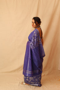 Thumbnail for Gorgeous Silver Lotus Hand-Stencil Printed  Blue Semi-Silk Saree