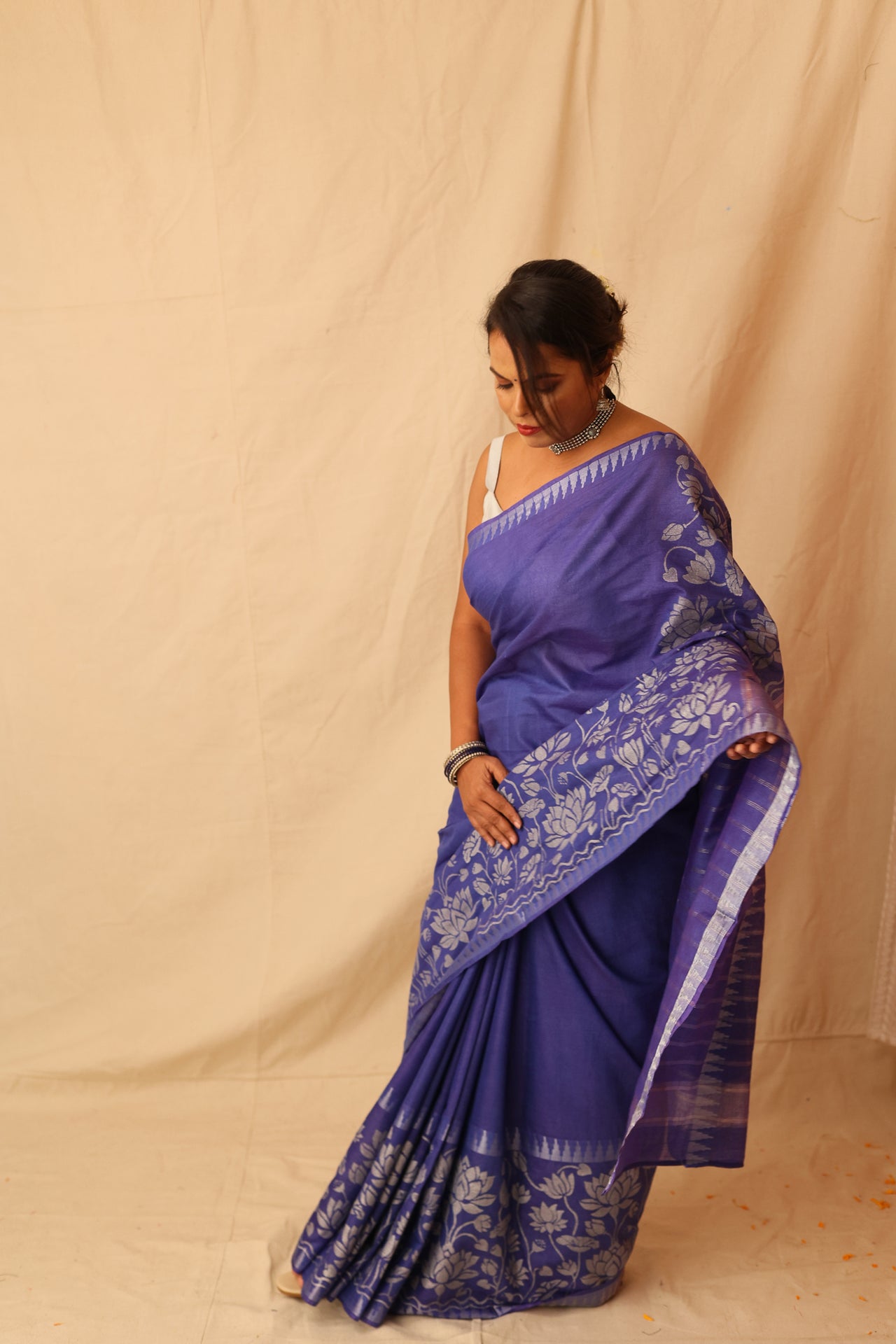 Gorgeous Silver Lotus Hand-Stencil Printed  Blue Semi-Silk Saree