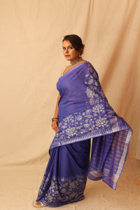Thumbnail for Gorgeous Silver Lotus Hand-Stencil Printed  Blue Semi-Silk Saree