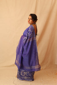 Thumbnail for Gorgeous Silver Lotus Hand-Stencil Printed  Blue Semi-Silk Saree