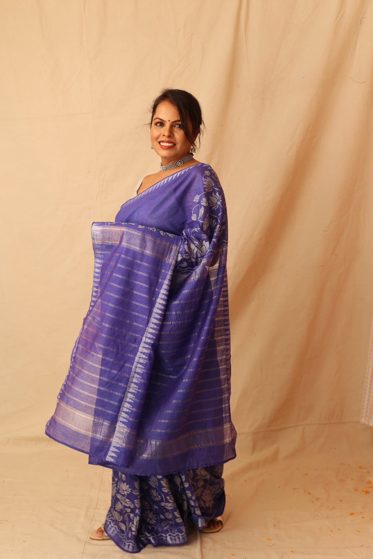 Gorgeous Silver Lotus Hand-Stencil Printed  Blue Semi-Silk Saree