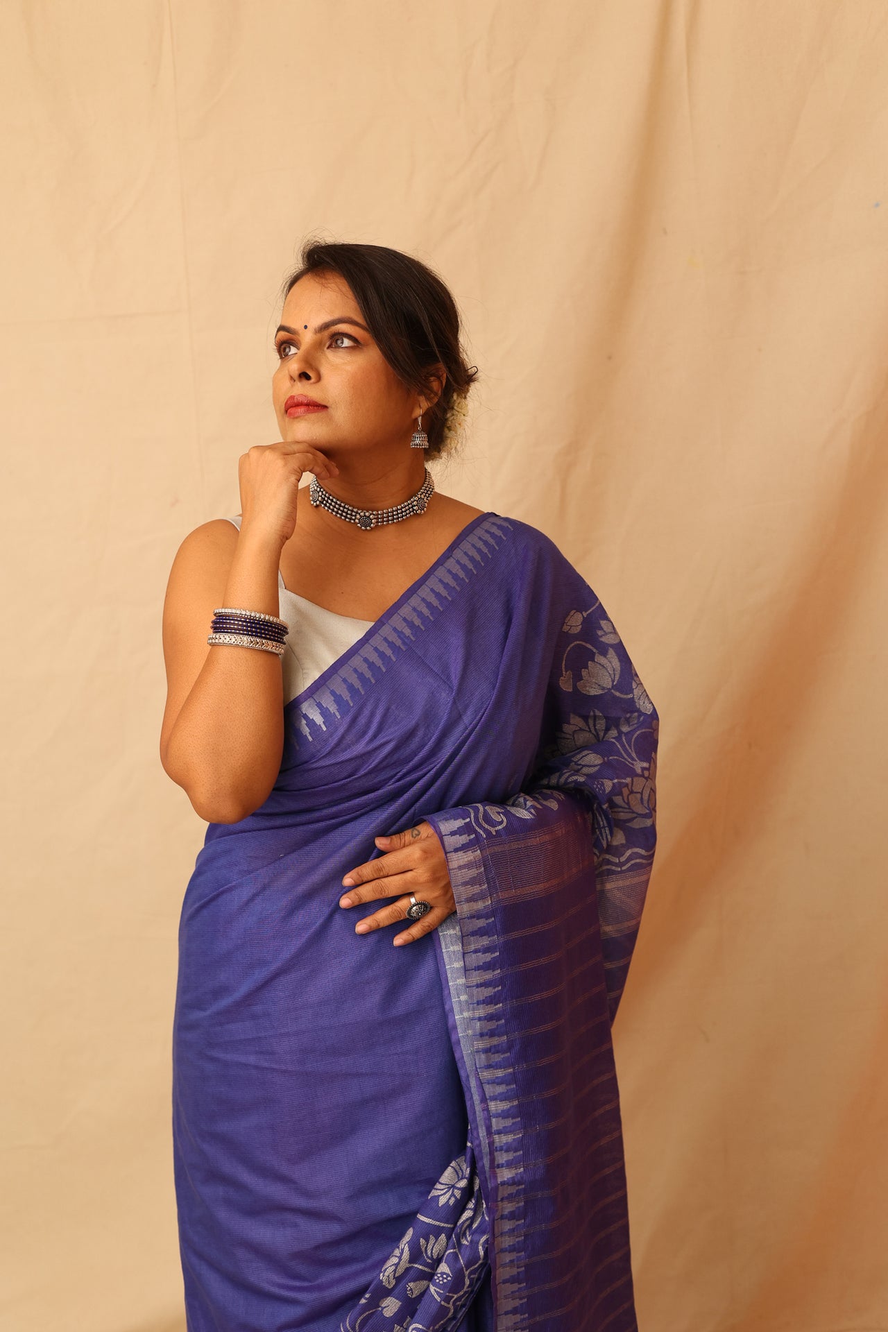 Gorgeous Silver Lotus Hand-Stencil Printed  Blue Semi-Silk Saree