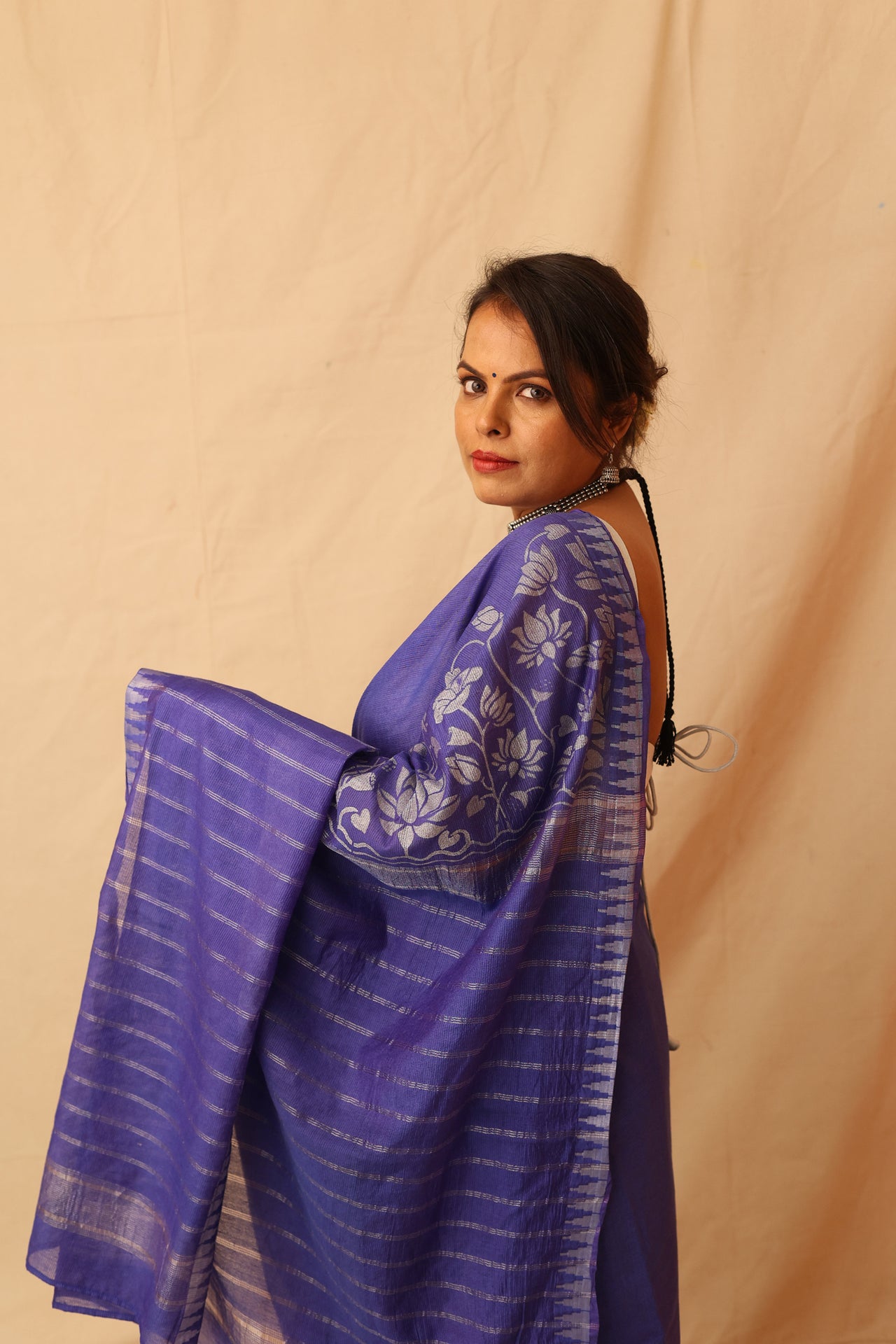 Gorgeous Silver Lotus Hand-Stencil Printed  Blue Semi-Silk Saree