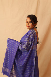 Thumbnail for Gorgeous Silver Lotus Hand-Stencil Printed  Blue Semi-Silk Saree