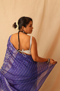 Thumbnail for Gorgeous Silver Lotus Hand-Stencil Printed  Blue Semi-Silk Saree