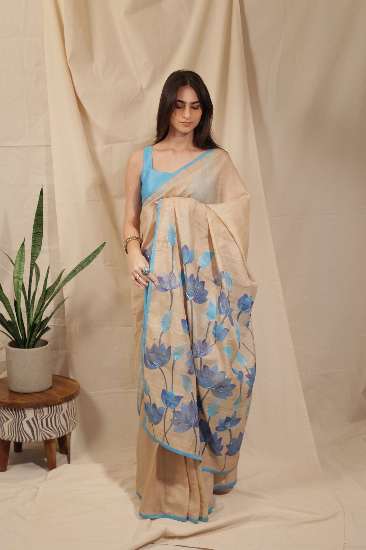 Blue Lotus Bloom Hand-painted Handloom Tussar Saree