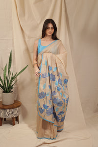 Thumbnail for Blue Lotus Bloom Hand-painted Handloom Tussar Saree