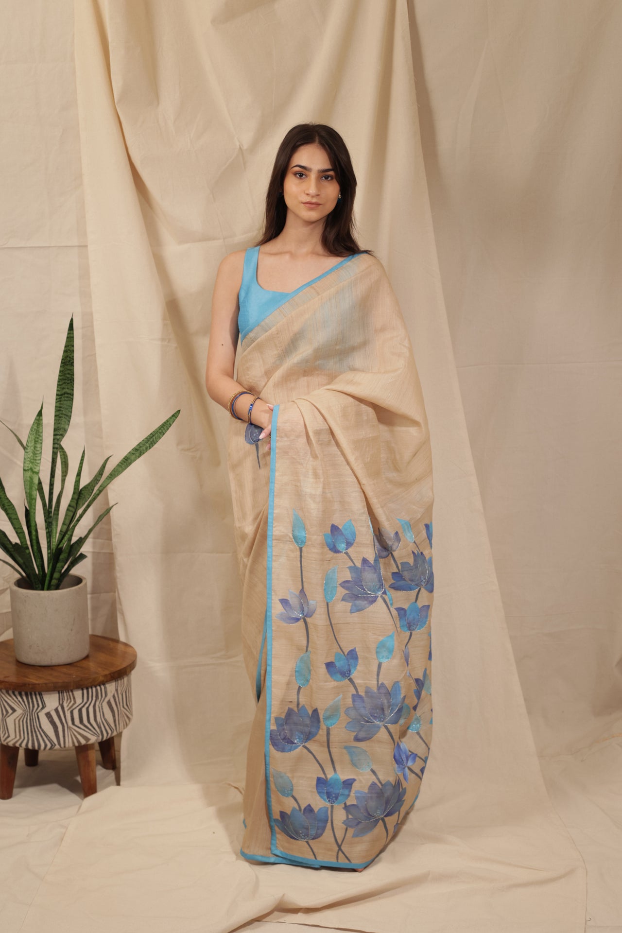Blue Lotus Bloom Hand-painted Handloom Tussar Saree