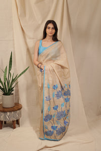 Thumbnail for Blue Lotus Bloom Hand-painted Handloom Tussar Saree