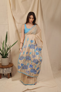 Thumbnail for Blue Lotus Bloom Hand-painted Handloom Tussar Saree