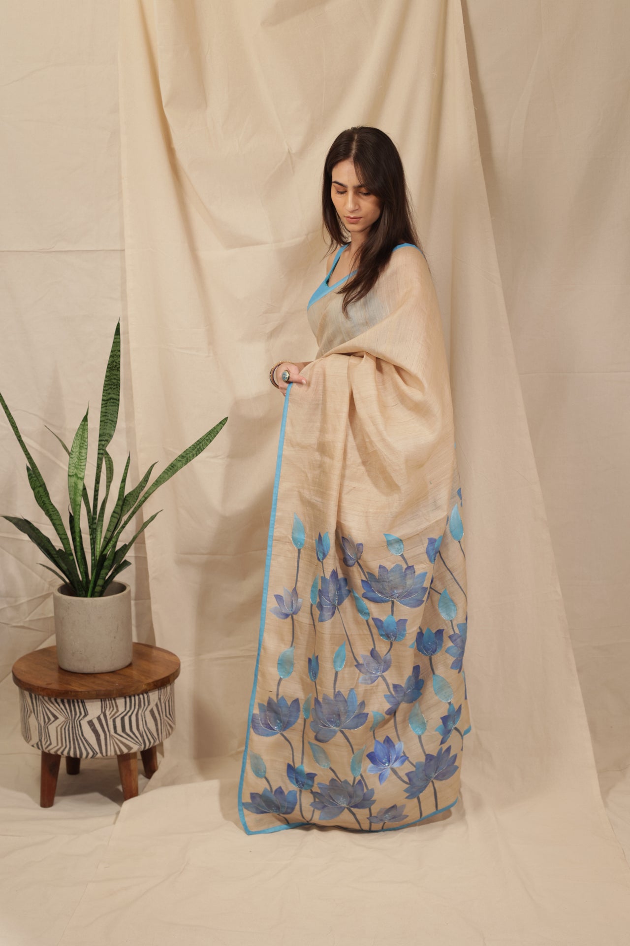 Blue Lotus Bloom Hand-painted Handloom Tussar Saree