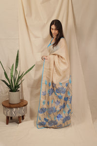 Thumbnail for Blue Lotus Bloom Hand-painted Handloom Tussar Saree