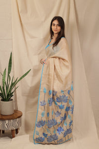 Thumbnail for Blue Lotus Bloom Hand-painted Handloom Tussar Saree