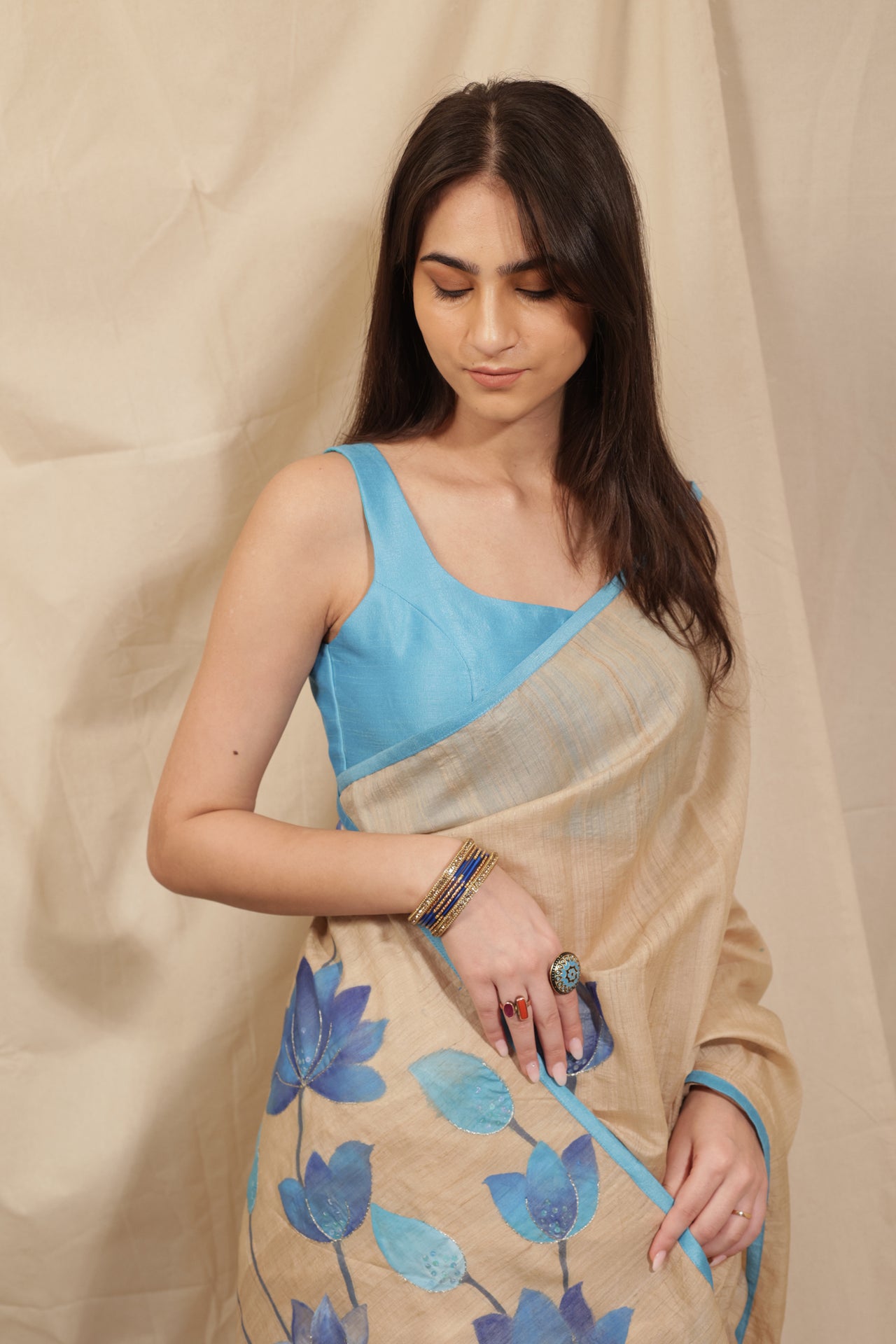 Blue Lotus Bloom Hand-painted Handloom Tussar Saree