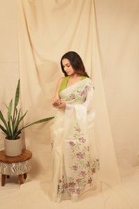 Thumbnail for Floral Elegance Hand painted Tussar Saree
