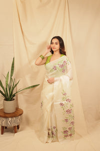 Thumbnail for Floral Elegance Hand painted Tussar Saree
