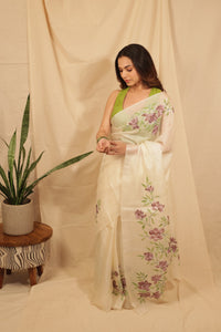 Thumbnail for Floral Elegance Hand painted Tussar Saree