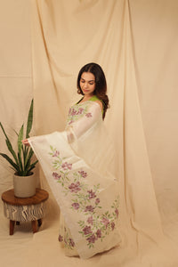 Thumbnail for Floral Elegance Hand painted Tussar Saree