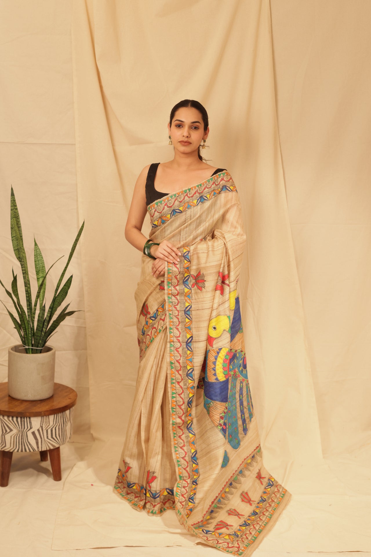 Handloom Tussar Silk Madhubani Hand Painted Saree