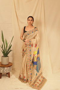 Thumbnail for Handloom Tussar Silk Madhubani Hand Painted Saree