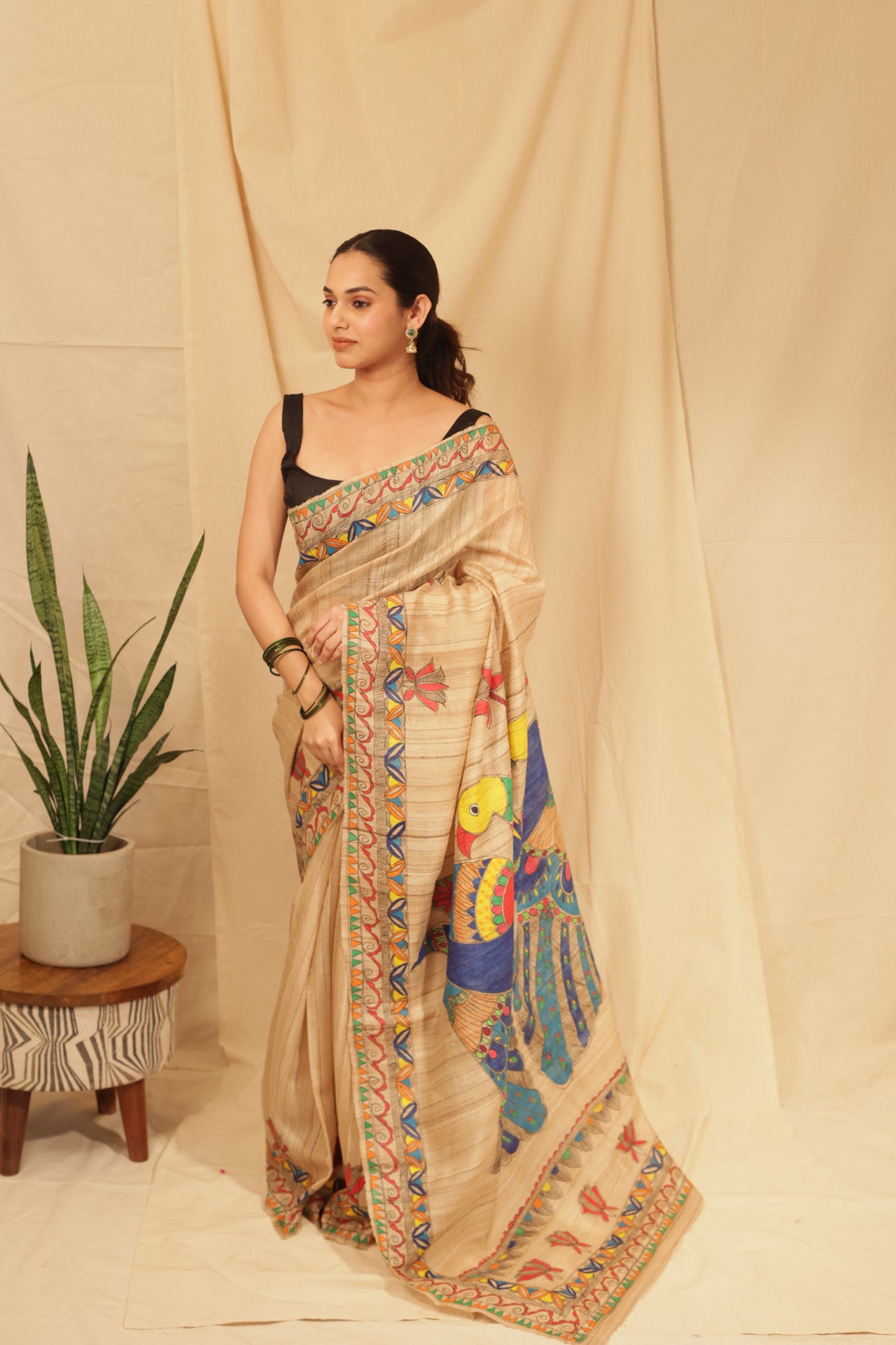 Handloom Tussar Silk Madhubani Hand Painted Saree