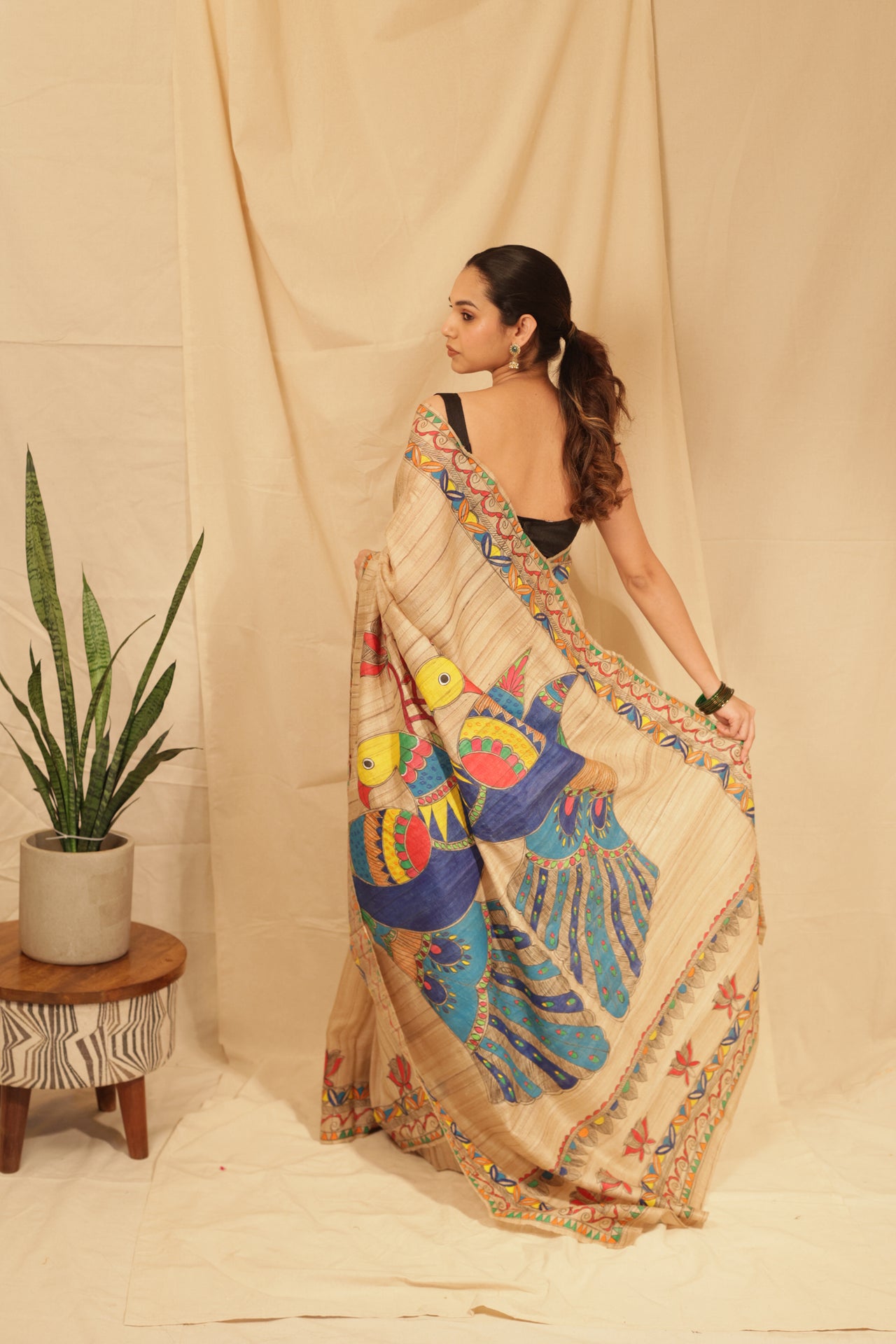 Handloom Tussar Silk Madhubani Hand Painted Saree